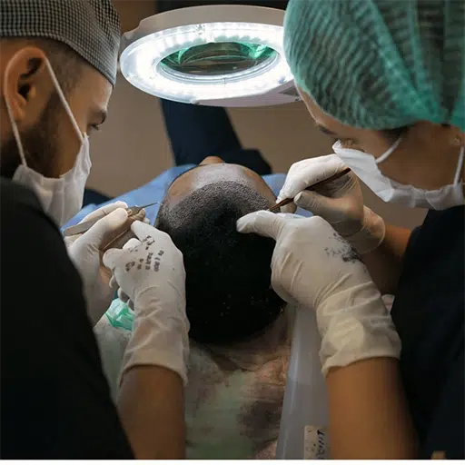 A group of people are getting a permanent hair transplant.